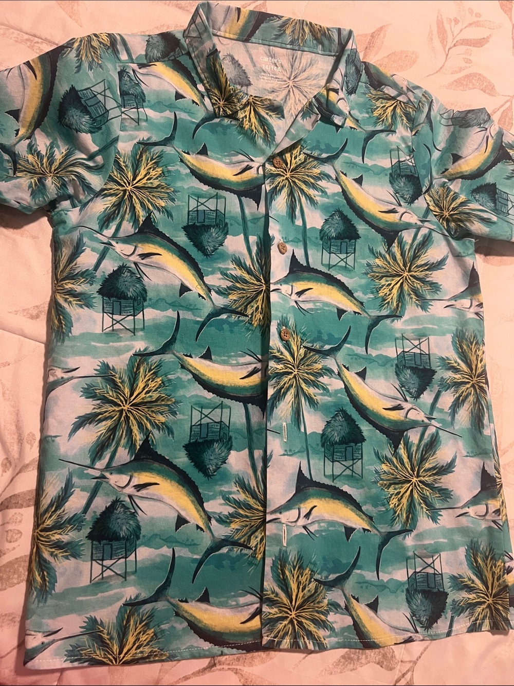 Carter's Teal & Yellow Palm Marlin Button-Up Shirt